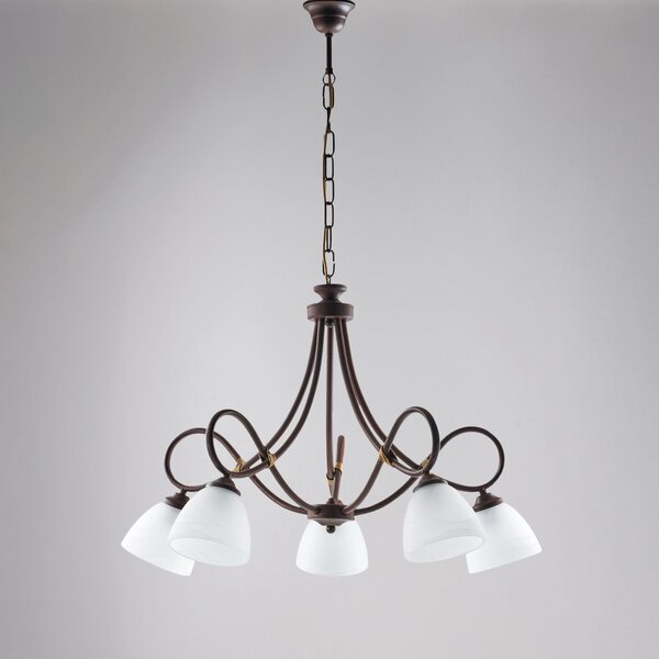 Lampadario 5 Luci Dallas BeLight Ferro Battuto Nero Ruggine Vetro Bianco