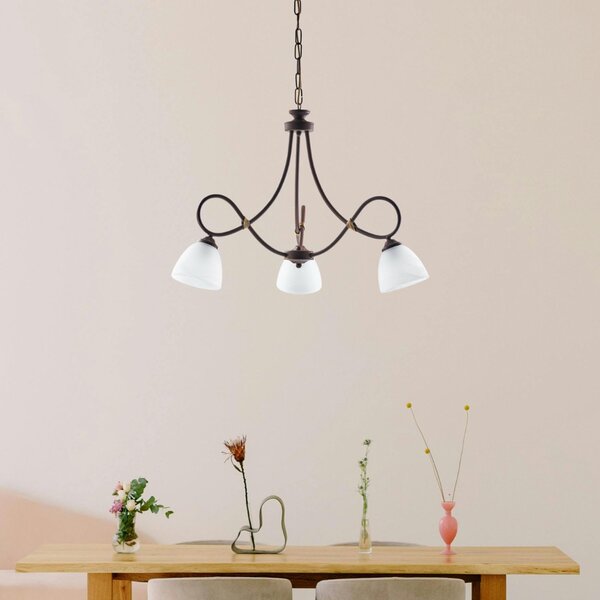 Lampadario 3 Luci Dallas BeLight Ferro Battuto Nero e Ruggine Vetro Bianco