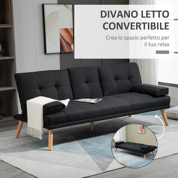 HOMCOM Divano Letto 3 Posti Reclinabile con Rivestimento Effetto Lino e Tavolino a Ribalta, Grigio