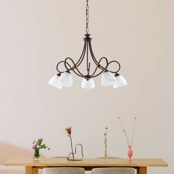 Lampadario 5 Luci Dallas BeLight Ferro Battuto Nero Ruggine Vetro Bianco