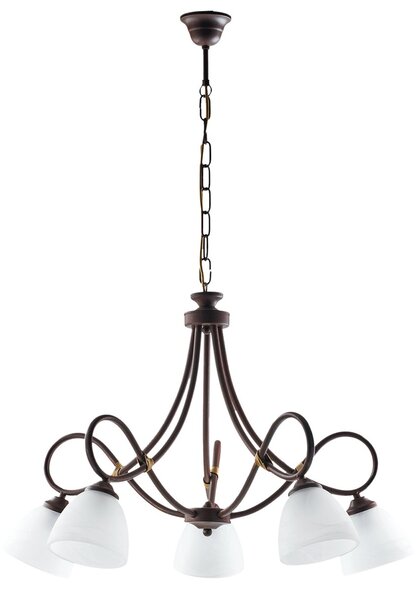 Lampadario 5 Luci Dallas BeLight Ferro Battuto Nero Ruggine Vetro Bianco