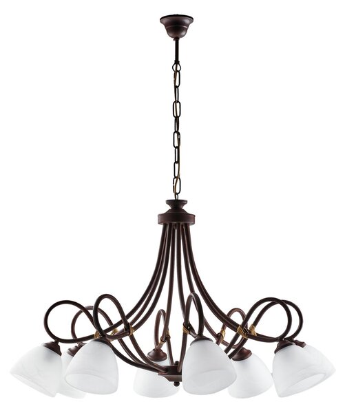 Lampadario 8 Luci Dallas BeLight Ferro Battuto Nero e Ruggine Vetro Bianco