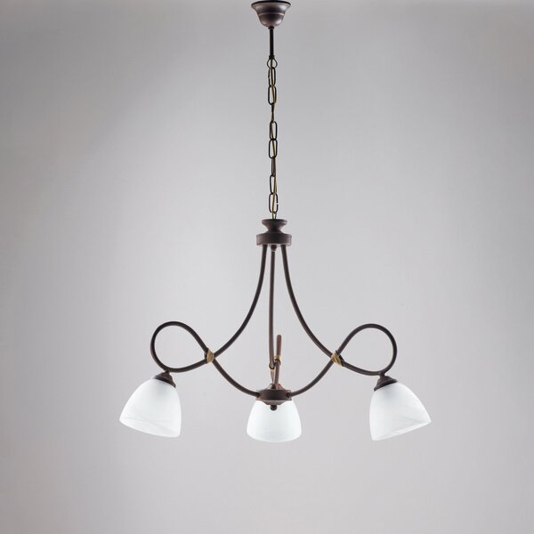 Lampadario 3 Luci Dallas BeLight Ferro Battuto Nero e Ruggine Vetro Bianco
