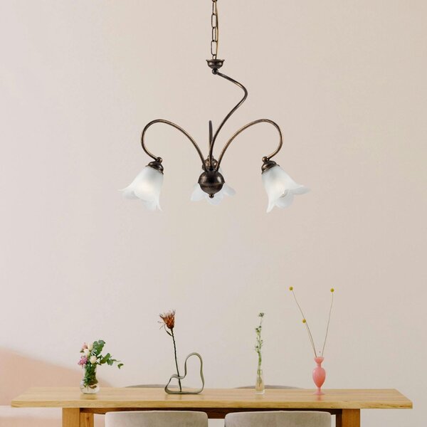 Lampadario 3 Luci Alice Ferro Battuto Marrone E Oro Vetro Bianco 