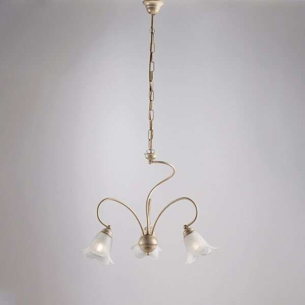 Lampadario 3 Luci Alice Ferro Battuto Avorio E Oro Vetro Bianco 