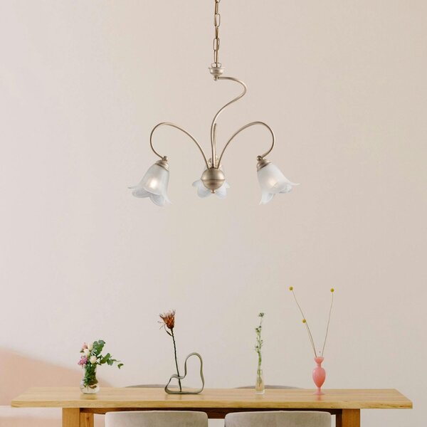 Lampadario 3 Luci Alice Ferro Battuto Avorio E Oro Vetro Bianco 