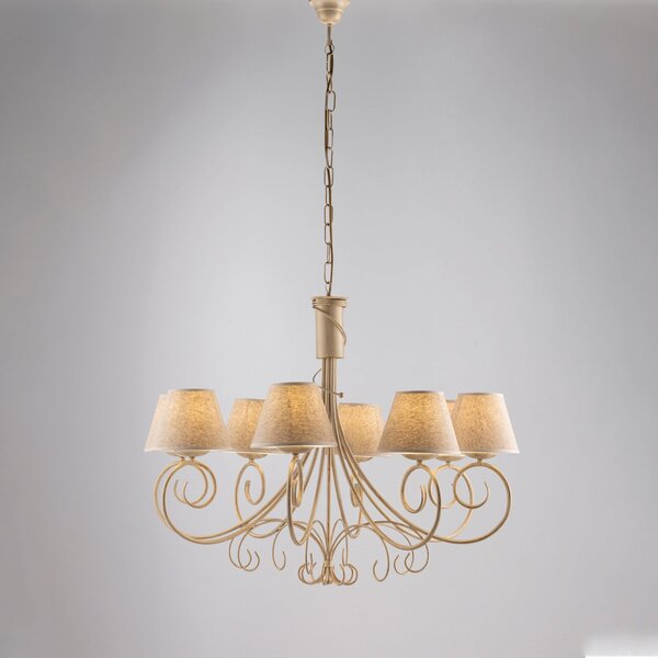 Lampadario 8 Luci Vienna Ferro Avorio E Oro Con Paralumi In Pvc