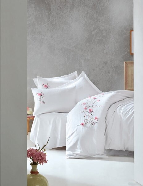 Biancheria da letto in cotone sateen bianco con lenzuolo per letto matrimoniale Bianco, 200 x 220 cm Perla - Mijolnir