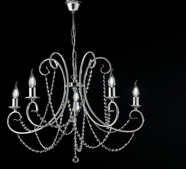 Lampadario Shabby Chic Magda Metallo E Cristallo Cromo E Cristallo 5 Luci E14