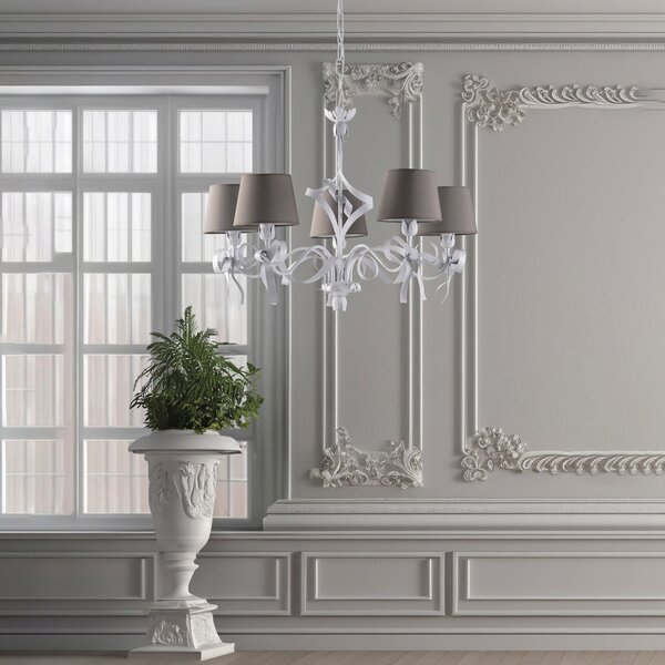 Lampadario Shabby Chic Lucy Bianco 5 Luci Paralumi Tortora BeLight