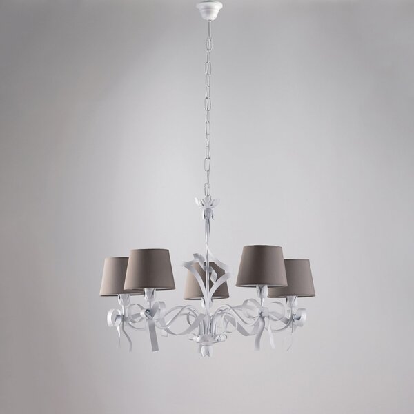 Lampadario Shabby Chic Lucy Bianco 5 Luci Paralumi Tortora BeLight