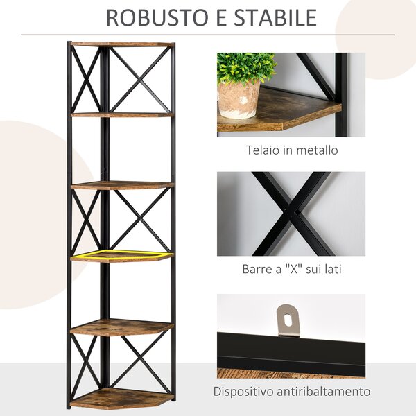 HOMCOM Libreria Angolare a Muro, Scaffale Stile Industriale in Legno e Metallo con 5 Ripiani, 39x39x175cm, Marrone Rustico|Aosom