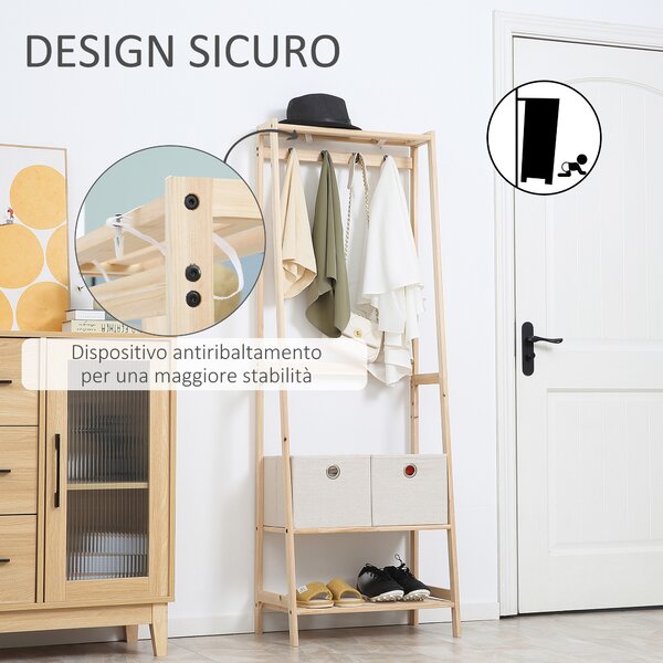 HOMCOM Appendiabiti Multifunzione con 4 Ganci Attaccapanni, 3 Mensole e 2 Cassetti, per Ingresso, Soggiorno e Camera da Letto, in Legno Naturale|Aosom