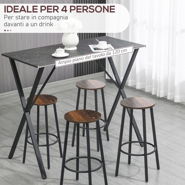 HOMCOM Bancone Bar e Tavolo Alto Stile Moderno Industriale Effetto Marmo Tavolo in Legno e Acciaio 120x60x102 cm Nero|Aosom