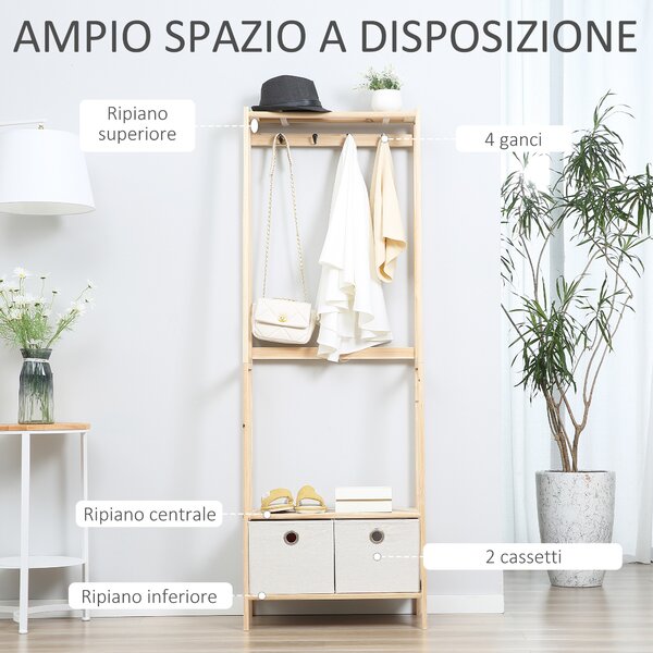 HOMCOM Appendiabiti Multifunzione con 4 Ganci Attaccapanni, 3 Mensole e 2 Cassetti, per Ingresso, Soggiorno e Camera da Letto, in Legno Naturale|Aosom