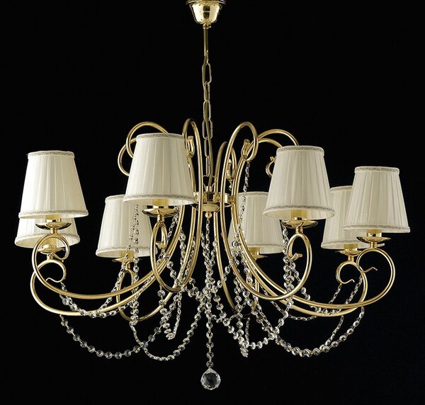 Lampadario Shabby Chic Magda Metallo E Cristallo Oro 8 Luci E14 Con Paralume
