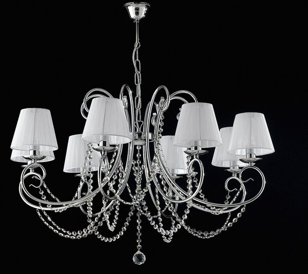 Lampadario Shabby Chic Magda Metallo E Cristallo Cromo 8 Luci E14 Con Paralume