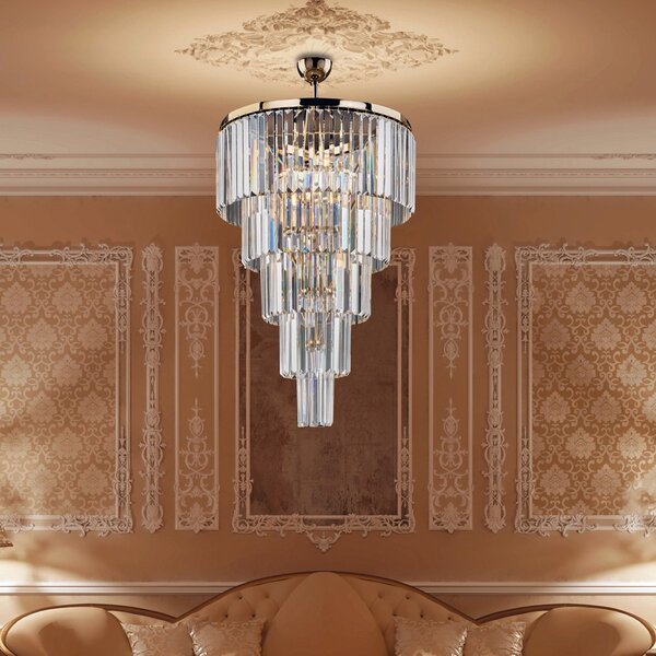 Lampada A Soffitto Moderna Schuber Metallo Oro E Cristallo 7 Luci E14