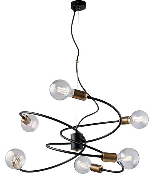 Sospensione Industrial 6 Luci Vortex Ferro Nero E Ottone Brunito