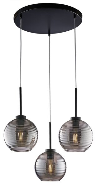 Sospensione Moderna Ankara 3 Luci Ferro Nero Vetro Soffiato Grigio Specchiato