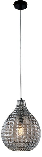 Sospensione 1 Luce Diamante In Ferro Nero E Vetro Soffiato Grigio Specchiato