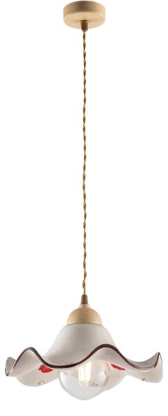 Sospensione 1 Luce Anemone In Ferro Laccato Avorio E Ceramica Decorata