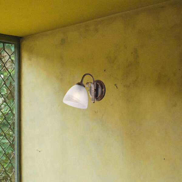 Applique Forgiato 1 Luce Ferro Marrone E Oro Vetro Bianco