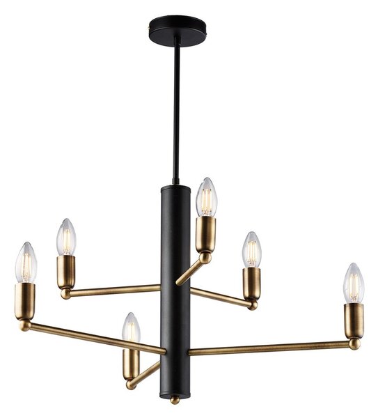 Lampadario 6 Luci Isak In Ferro Laccato Nero E Ottone Spazzolato