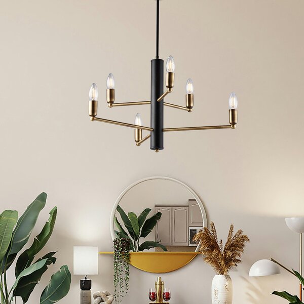 Lampadario 6 Luci Isak In Ferro Laccato Nero E Ottone Spazzolato