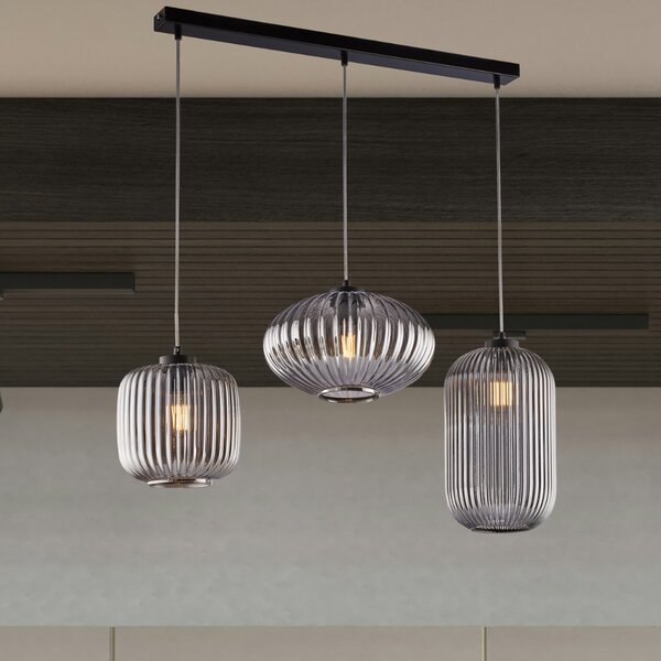 Sospensione 3 Luci Glamour Con Binario E Vetro Soffiato Grigio Specchiato