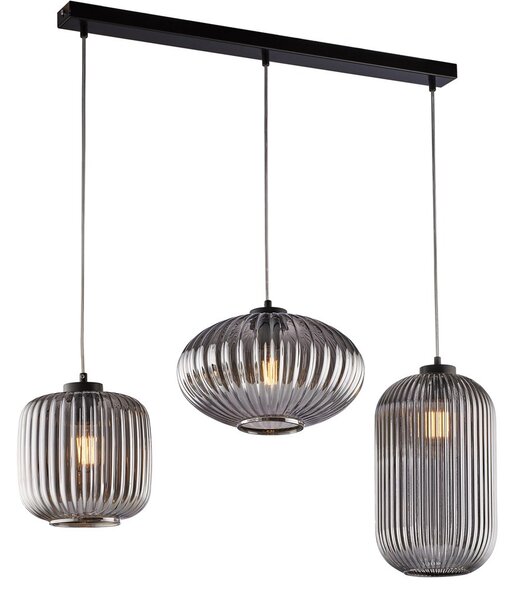 Sospensione 3 Luci Glamour Con Binario E Vetro Soffiato Grigio Specchiato