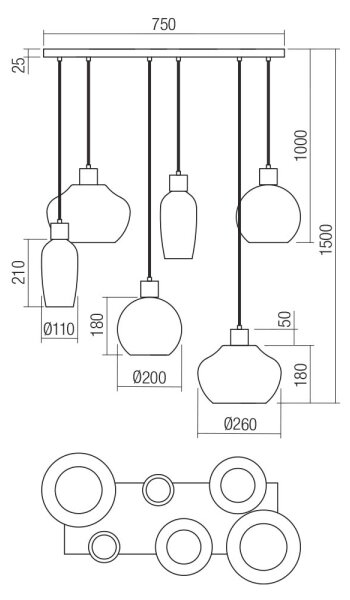 Redo 01-4047 - Lampadario a sospensione con filo ATLANTIS 6xE27/42W/230V nero