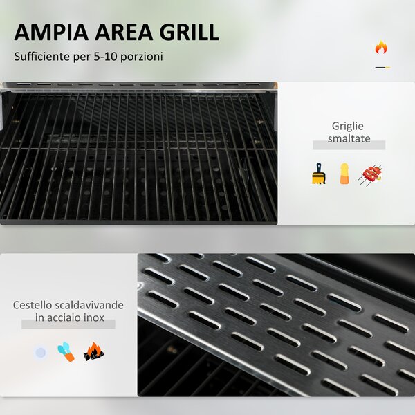 Outsunny Barbecue a Carbone con Griglia Regolabile, Coperchio e Termometro, Ruote e Tavolini, Nero | Aosom Italy