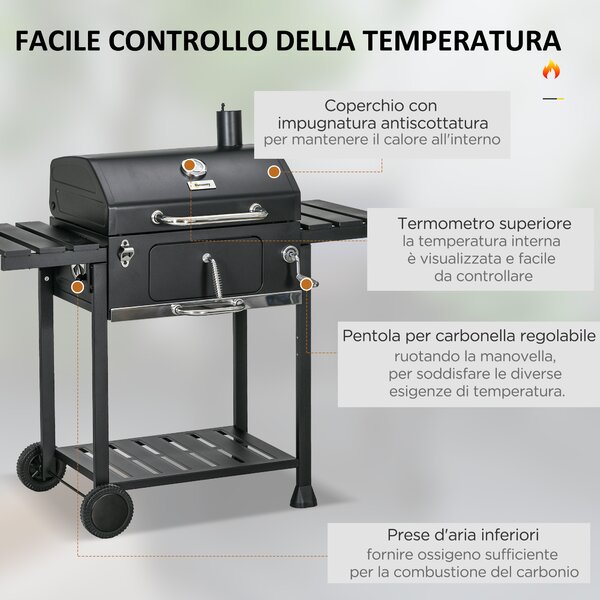 Outsunny Barbecue a Carbone con Griglia Regolabile, Coperchio e Termometro, Ruote e Tavolini, Nero | Aosom Italy