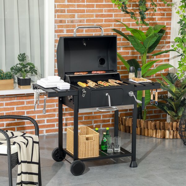 Outsunny Barbecue a Carbone con Griglia Regolabile, Coperchio e Termometro, Ruote e Tavolini, Nero | Aosom Italy