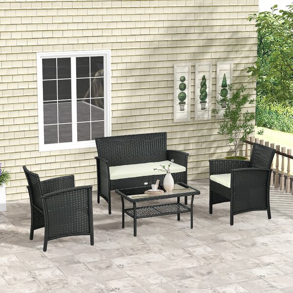 Outsunny Salotto da Esterno Rattan PE con Divano 2 Posti, 2 Poltrone con Cuscini e Tavolino in Vetro, Nero