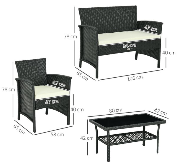 Outsunny Salotto da Esterno Rattan PE con Divano 2 Posti, 2 Poltrone con Cuscini e Tavolino in Vetro, Nero