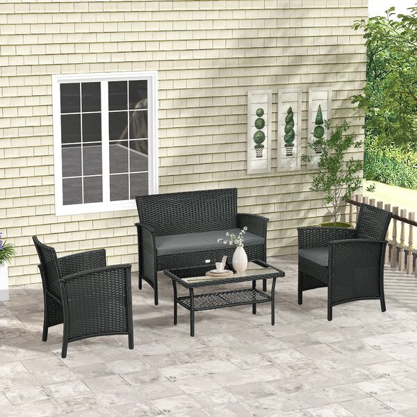 Outsunny Salotto da Esterno Rattan PE con Divanetto, 2 Poltrone con Cuscini e Tavolino in Vetro, Nero e Grigio|Aosom