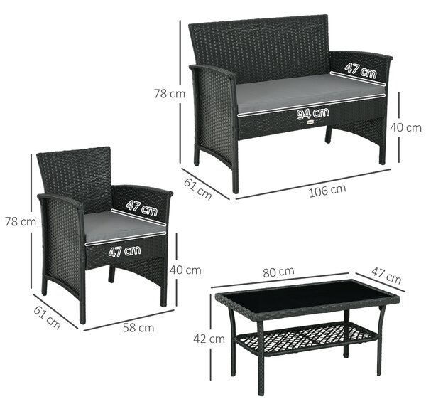 Outsunny Salotto da Esterno Rattan PE con Divanetto, 2 Poltrone con Cuscini e Tavolino in Vetro, Nero e Grigio|Aosom