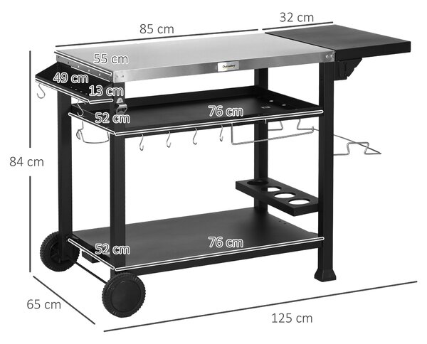 Outsunny Carrello Barbecue con Tavolino Pieghevole in Acciaio Inox, 2 Ruote e Accessori, 125x65x84 cm, Nero