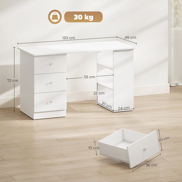 Homcom Scrivania con 3 cassetti e Ripiani Portaoggetti in stile moderno, Bianco, 120x49x72cm