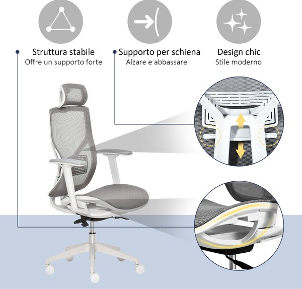 Vinsetto Sedia Ergonomica da Ufficio Girevole con Poggiatesta e Braccioli Regolabili, Inclinazione e Altezza Regolabile, Grigio | Aosom