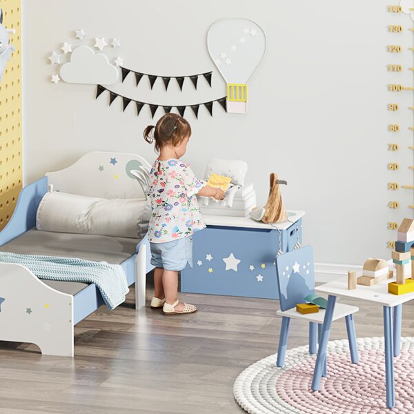 HOMCOM Cassapanca Baule Portagiochi in Legno Blu e Bianco, Panca per Cameretta Bambini 55 x 34 x 35.5 cm|Aosom