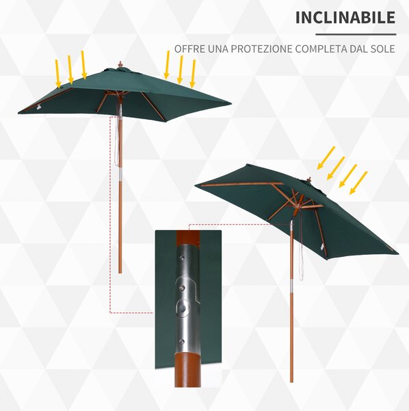 Outsunny Ombrellone da Giardino Inclinabile 2x1.5m, 6 Stecche, Palo in Legno e Apertura a Corda, Verde|Aosom