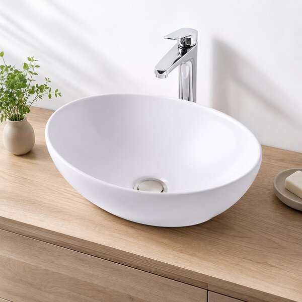 Lavabo da appoggio Relaxdays, altezza x larghezza x profondità: 15x41x34 cm, senza foro per rubinetto, senza troppofilo, in Vetroceramica, con effetto lotus, lavabo, bianco