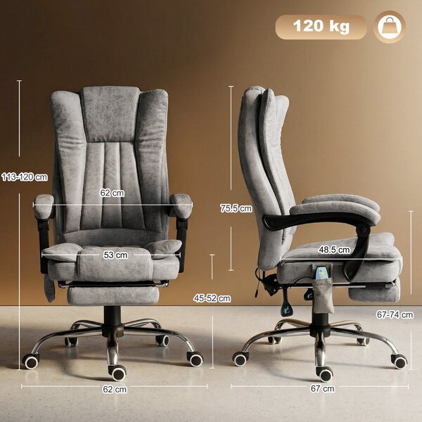 Vinsetto Poltrona da Ufficio Massaggiante Riscaldante, Altezza Regolabili, Poggiapiedi Retrattile, 62x67x113-120cm, Grigio Aosom Sedie Ufficio|Aosom