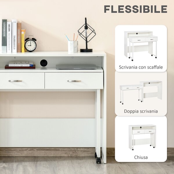 HOMCOM Scrivania per Camera e Ufficio con Cassetti e Ruote, Postazione di Lavoro Doppia o Singola, 100x36x88cm, Bianco|Aosom