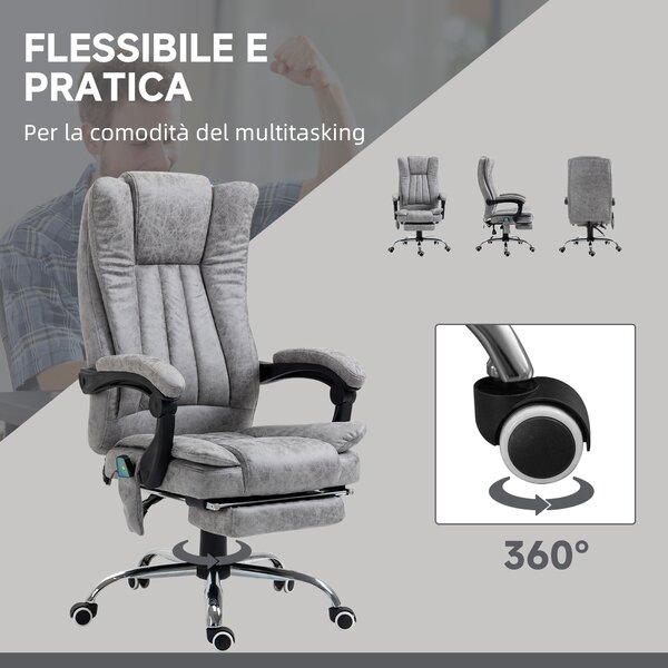 Vinsetto Poltrona da Ufficio Massaggiante Riscaldante, Altezza Regolabili, Poggiapiedi Retrattile, 62x67x113-120cm, Grigio Aosom Sedie Ufficio|Aosom