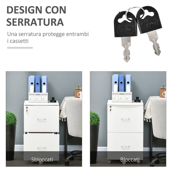 Vinsetto Armadietto da Ufficio con 2 Cassetti e 5 Ruote, Schedario in MDF e Truciolato, 43x45x72 cm, Bianco|Aosom