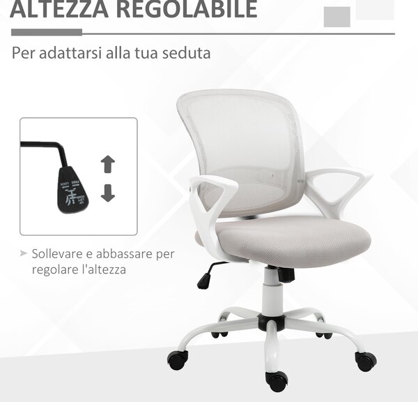 Vinsetto Sedia da Ufficio con Rotelle Girevole Ergonomica, Altezza Regolabile, Funzione di Dondolo, in Tessuto a Rete, Grigio e Bianco | Aosom